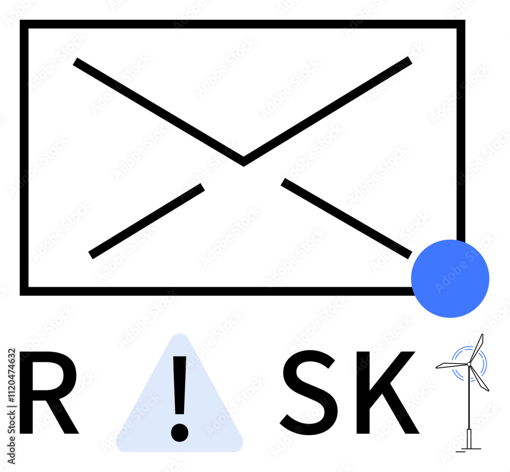 Envelope icon with an exclamation mark in a triangle, letters spelling RISK, and a wind turbine. Ideal for cybersecurity, communication warnings, environmental risk, data protection, email alerts Envelope icon with an exclamation mark in a triangle, letters spelling RISK, and a wind turbine. Ideal for cybersecurity, communication warnings, environmental risk, data protection, email alerts