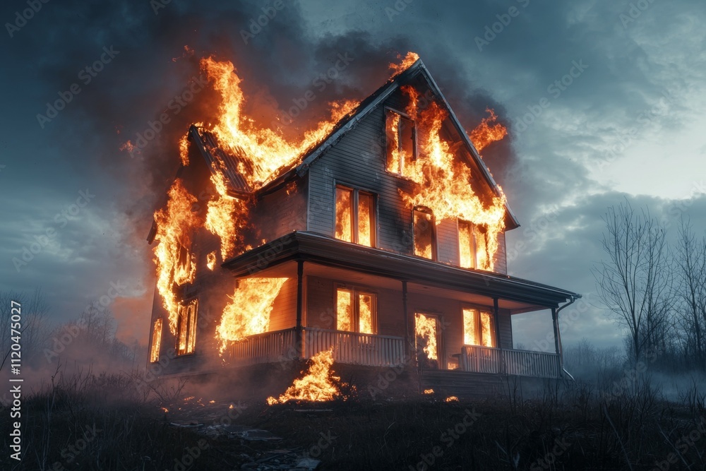 A house is on fire with flames coming out of the windows A house is on fire with flames coming out of the windows