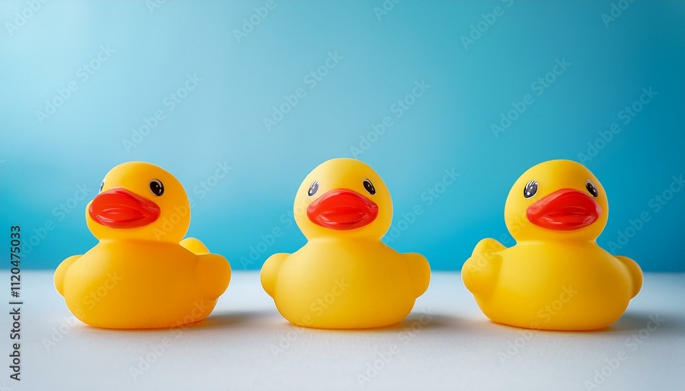 Three yellow rubber ducks lined up on a soft baby blue background creating a cheerful and playful atmosphere. Generative AI Three yellow rubber ducks lined up on a soft baby blue background creating a cheerful and playful atmosphere. Generative AI
