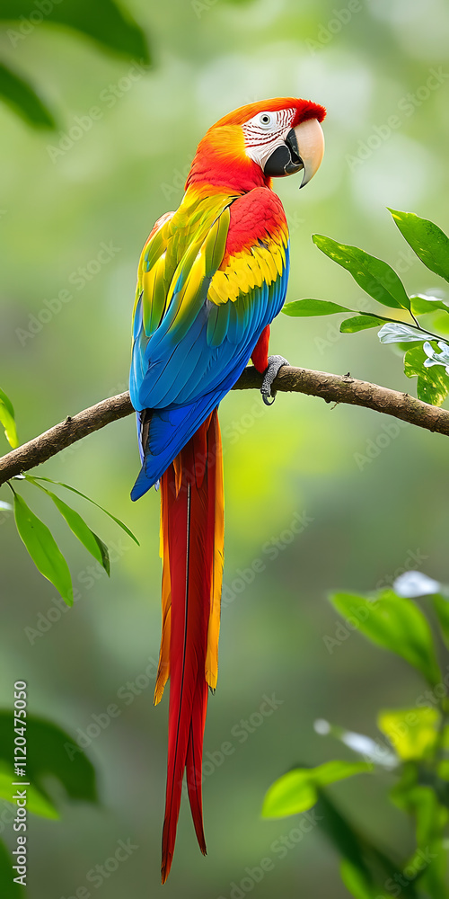 Obraz premium Papagaio colorido empoleirado em um galho tropical