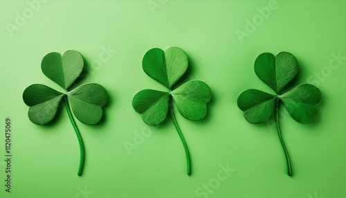 Three green clovers arranged on a bright green background for a vibrant St Patrick's Day celebration. Generative AI photo