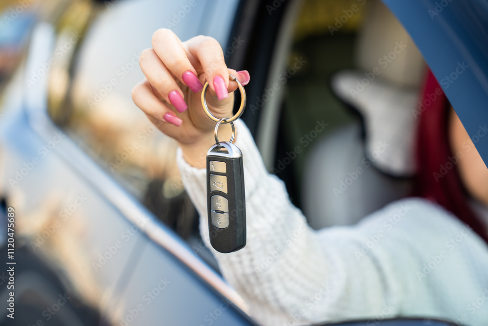 Woman stuck car key out of car window, buying a new car Woman stuck car key out of car window, buying a new car