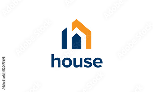 Letter h inside blue house logo with orange roof. Vector design tempalte for construction company or real estates.