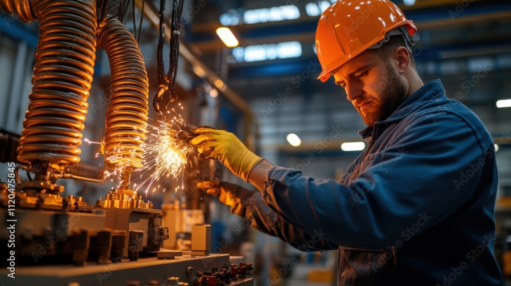 Electrician Working in Industrial Environment with Protective Gear and Sparks Flying from Equipment Electrician Working in Industrial Environment with Protective Gear and Sparks Flying from Equipment