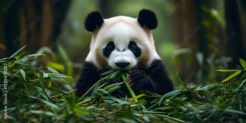 Fototapeta premium Panda fofinho comendo brotos de bambu