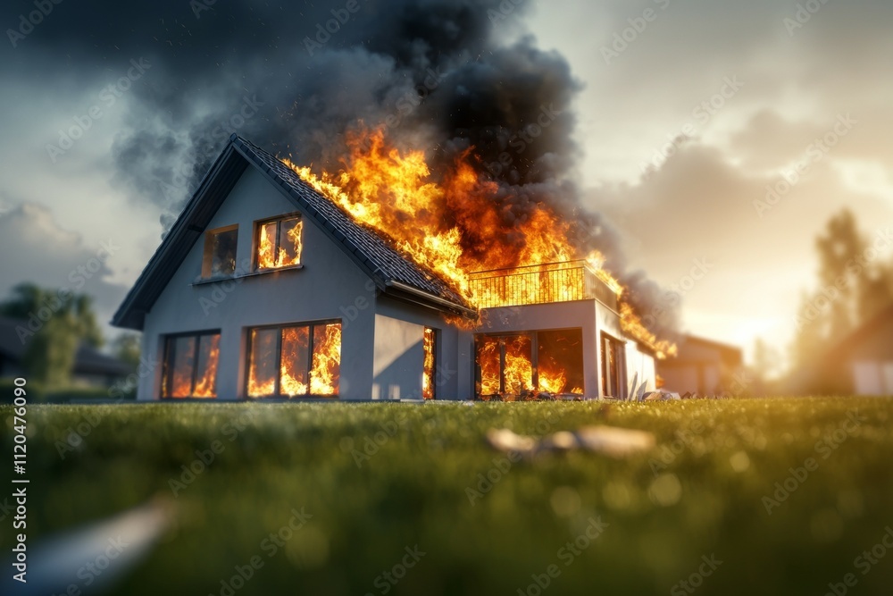 A house is on fire with smoke billowing out of the windows A house is on fire with smoke billowing out of the windows
