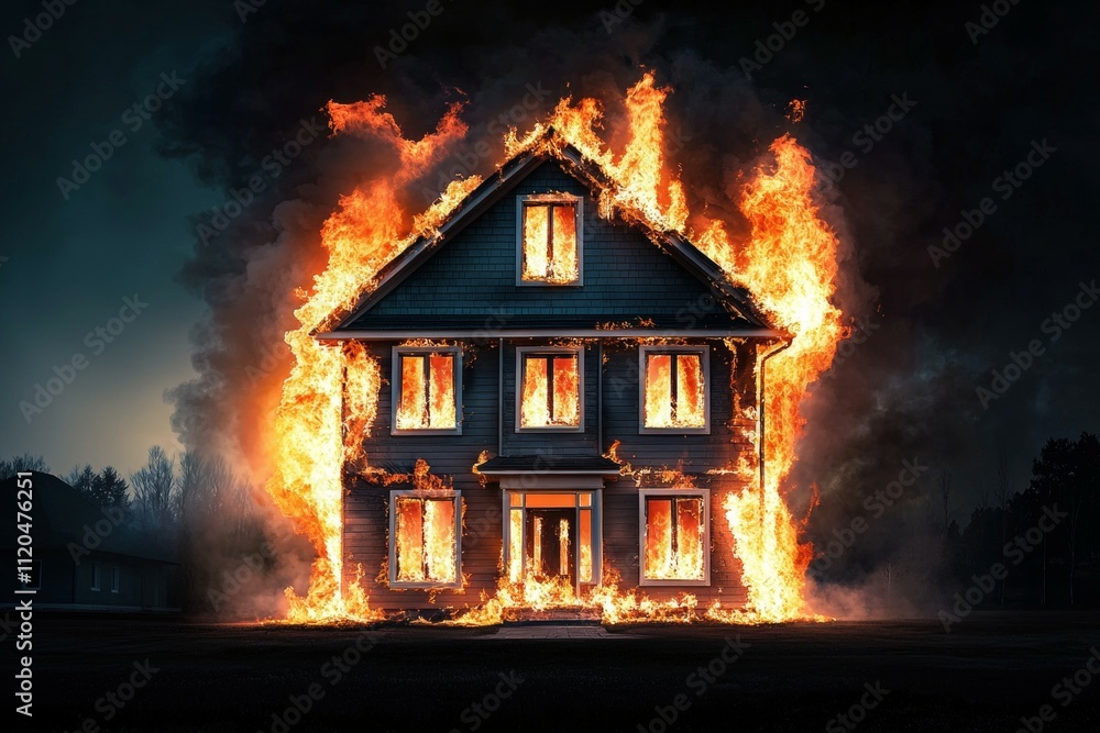 A house is on fire with flames coming out of the windows A house is on fire with flames coming out of the windows