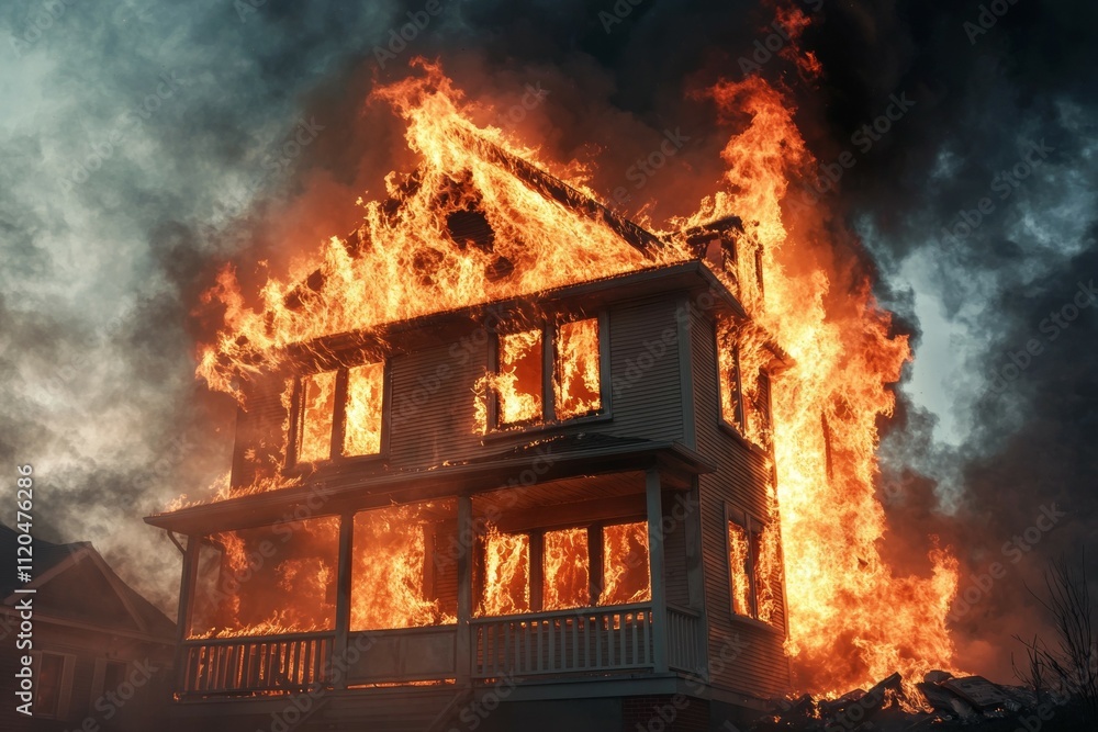 A house is on fire with flames shooting out of the windows A house is on fire with flames shooting out of the windows
