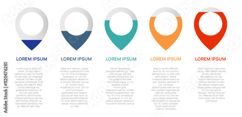 Five colorful location pin markers with sample text below, useful for infographics or website design, showing different percentages or progress levels