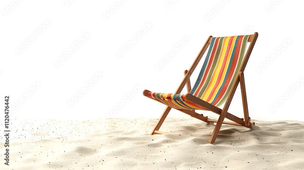 A classic deck chair with striped fabric resting on fine sand, isolated on a white background, photographed in high-definition clarity. A classic deck chair with striped fabric resting on fine sand, isolated on a white background, photographed in high-definition clarity.