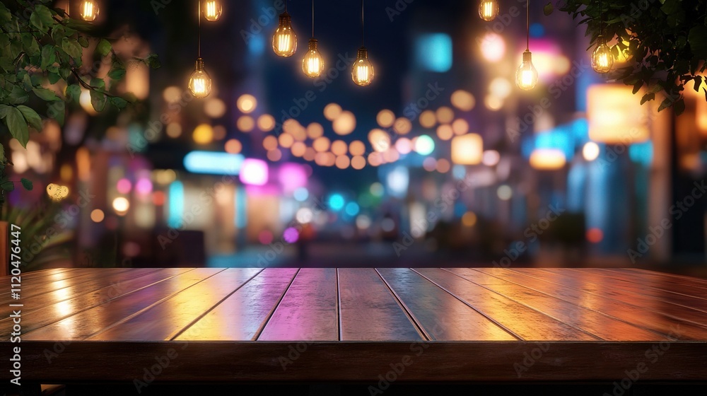 Serene Night Street Scene with Empty Table and Reflections Serene Night Street Scene with Empty Table and Reflections