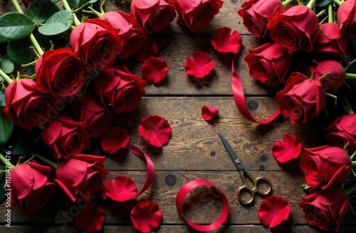 Florist's desk picking a bouquet of red roses photo