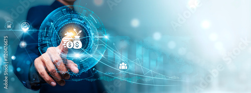 Принти на полотні Investment: Businessman touching connect to data information on cyberspace, financial analysis, market trends, portfolio management, risk assessment, return on investment