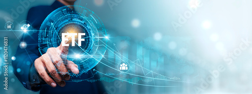 ETF (Exchange-Traded Fund): Businessman touching connect to data information on cyberspace, investment diversification, liquidity, cost-efficiency, transparency, market access. photo