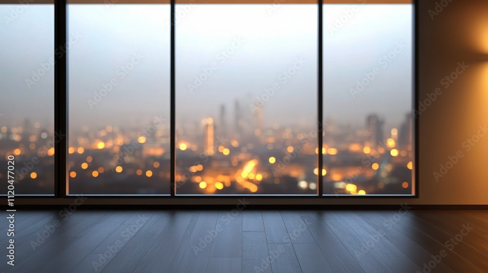 Fototapeta premium Blurred City View Through Glass Window with Warm Lighting Effects