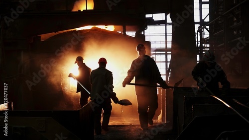 Dedicated workers in a bustling steel mill surrounded by the mesmerizing glow of molten metal. Stock Clip