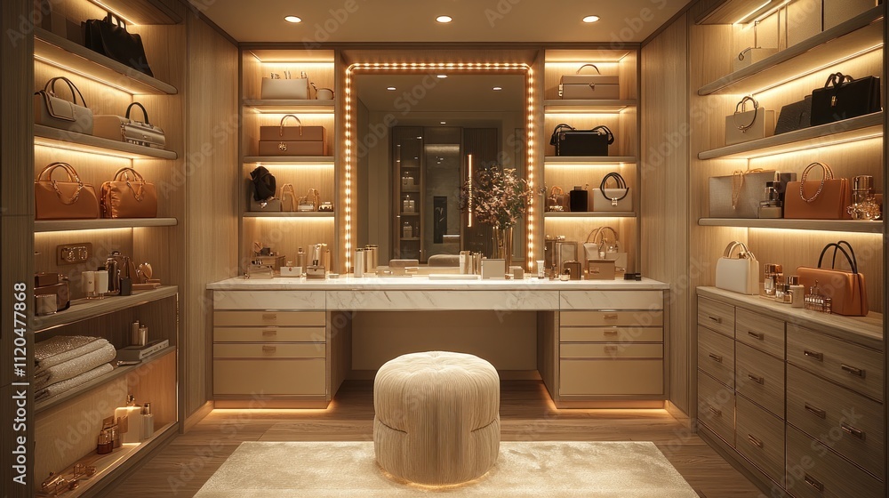 Fototapeta premium Luxurious walk-in closet with marble vanity, illuminated shelves, and ample handbag storage.