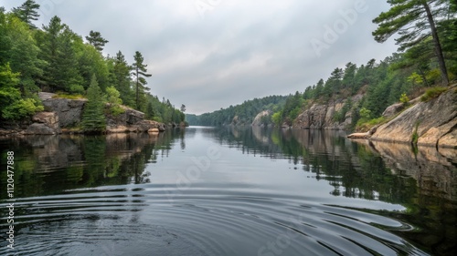 Smooth Water Surface Reflecting the Cliffs Near Recollet Falls in French Standard. Generative AI photo