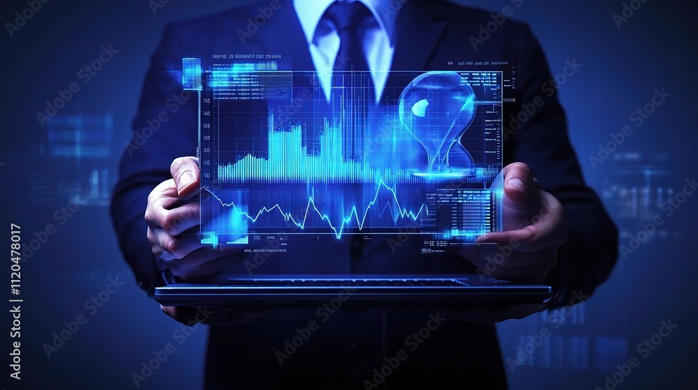 Businessman Holding Hourglass and Laptop with Data Visualization Businessman Holding Hourglass and Laptop with Data Visualization