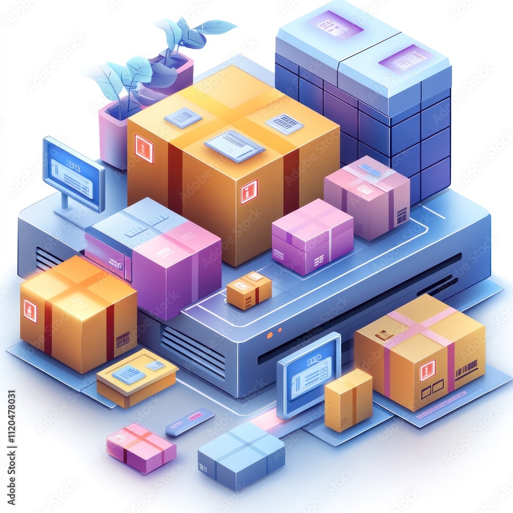 A stylized representation of stacked packages and a server, symbolizing logistics and delivery. A stylized representation of stacked packages and a server, symbolizing logistics and delivery.