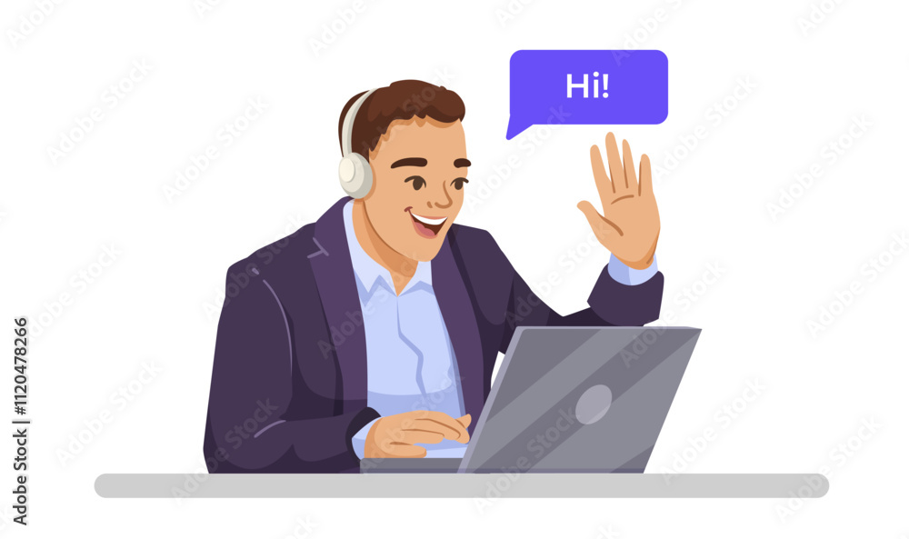 Man in a headset waving and greeting while using a laptop at work, on a white background. Concept of communication and online interaction. Vector illustration Man in a headset waving and greeting while using a laptop at work, on a white background. Concept of communication and online interaction. Vector illustration