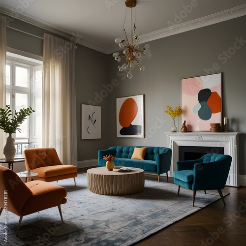 Wallpaper Mural minimalist modern living room with vibrant multicolored armchairs, clean design, bright natural light, contemporary decor, sleek furniture, and playful interior accents Torontodigital.ca