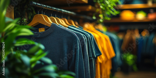 Sustainable Fashion Display with Eco-Friendly Apparel and Greenery Backdrop photo