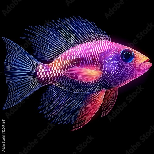 A vibrant and colorful digital illustration of a fish, showcasing intricate details in shades of pink, blue, and purple, set against a deep black background. photo