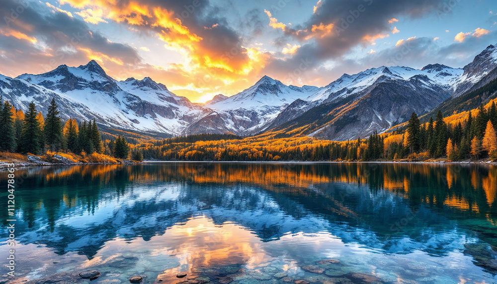 Fototapeta premium A serene alpine lake reflecting snow-capped mountains and a colorful forest at sunset.