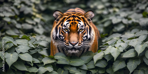 Tigre feroz rastejando entre folhagens densas photo