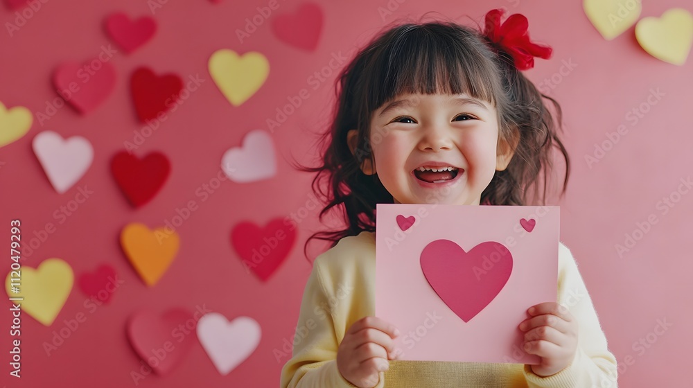 Happy Girl Holding Valentines Day Heart Card Happy Girl Holding Valentines Day Heart Card