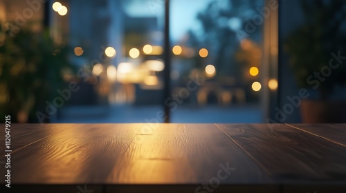 Elegant Wooden Table with Reflective Surface in Night Cafe Setting