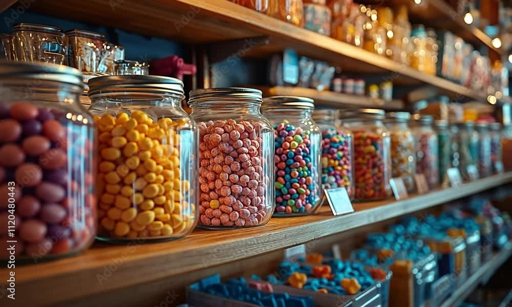 old fashioned candy shop with jars filled with classic American treats video side view
old fashioned candy shop with jars filled with classic American treats video side view