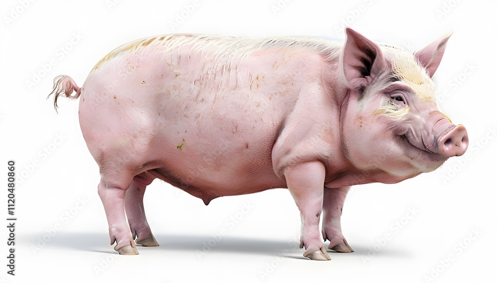 Pig with Pink Skin and Full Body Profile on a White Background Pig with Pink Skin and Full Body Profile on a White Background