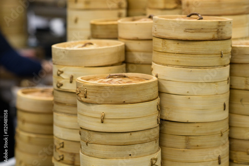 Stacks of bamboo steamers in a Chinese restaurant kitchen photo