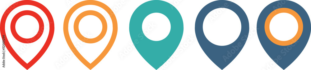 Displaying five map location pointers in various colors and graphic styles, effectively representing points of interest on maps for navigation and exploration purposes Displaying five map location pointers in various colors and graphic styles, effectively representing points of interest on maps for navigation and exploration purposes