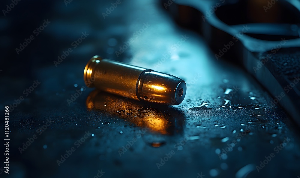 lighting setup that casts dramatic shadows and highlights on a single bullet within a handgun lighting setup that casts dramatic shadows and highlights on a single bullet within a handgun