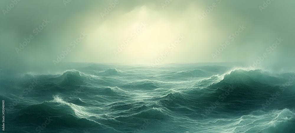 Fototapeta premium A serene view of turbulent ocean waves under a misty, ethereal sky, evoking a sense of calmness and introspection in a muted greenish-blue color palette.