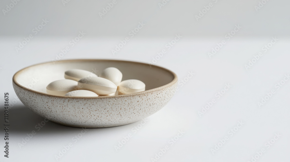 Close up of magnesium tablets in ceramic bowl for health and wellness Close up of magnesium tablets in ceramic bowl for health and wellness