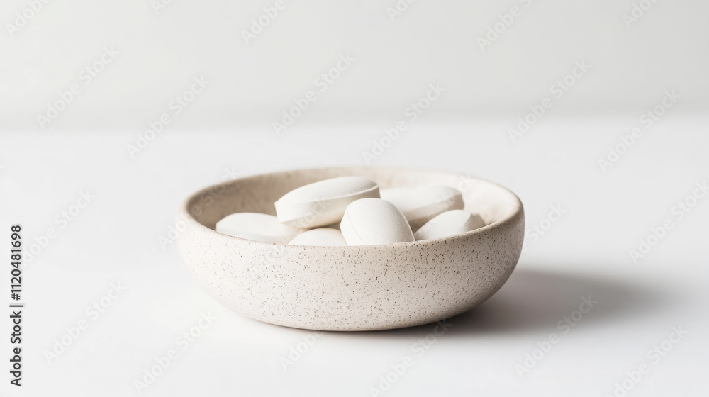 Close up of magnesium supplement tablets in ceramic bowl for health and wellness Close up of magnesium supplement tablets in ceramic bowl for health and wellness