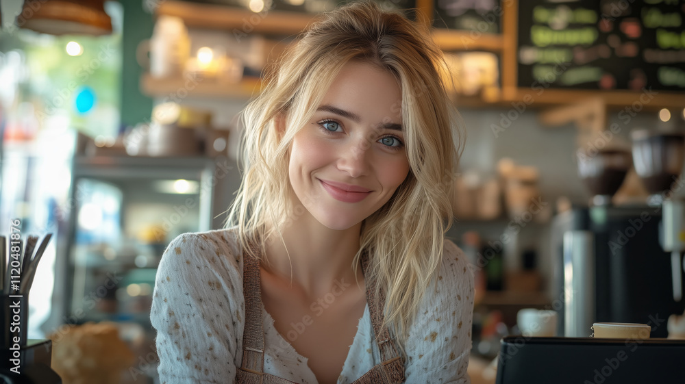 Smiling female cafe owner welcoming customers at the checkout counter Smiling female cafe owner welcoming customers at the checkout counter