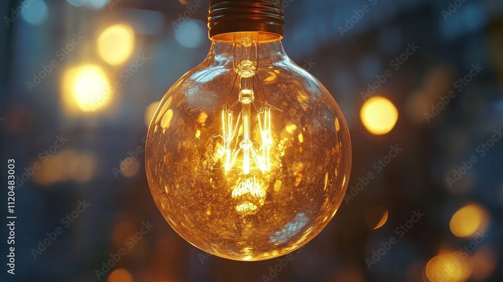 A close-up view of a glowing light bulb with visible filament, radiating warmth.

