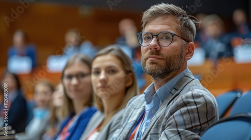 A group of diverse individuals attentively seated in a conference room setting, suggesting a professional or educational environment with focus and engagement