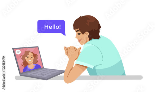 Illustration of a man smiling at a laptop screen during a video call, a speech bubble saying Hello on a white background, concept of communication. Vector illustration.