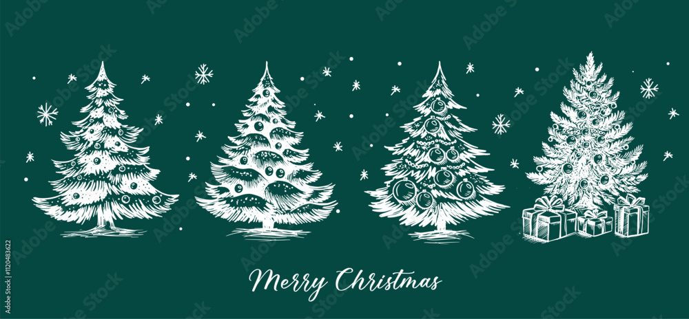 Fototapeta premium Christmas tree on green. New Year set. Hand drawn illustration. 