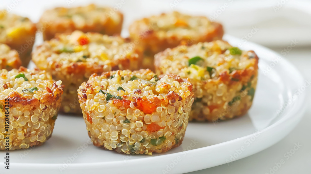 Close-up of healthy quinoa breakfast bites on white plate Close-up of healthy quinoa breakfast bites on white plate