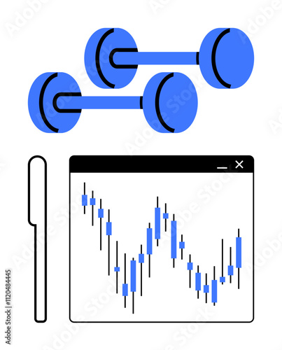 Dumbbells paired with a financial graph displaying stock market trends and a pen. Ideal for fitness, finance, investment, healthy lifestyles, growth, progress, goal-setting. Line metaphor