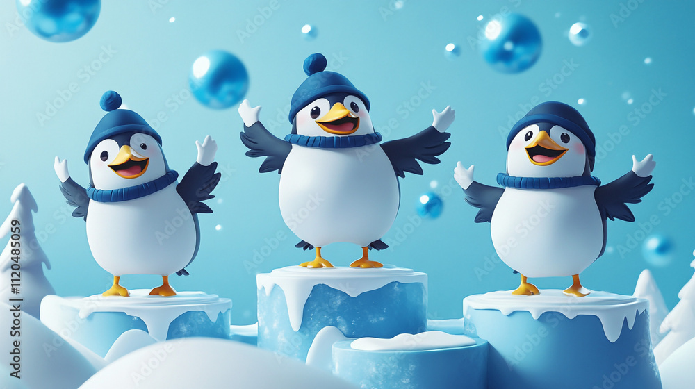 Fototapeta premium Playful Penguins Winter Wonderland Festive 3D Cartoon Characters on Ice