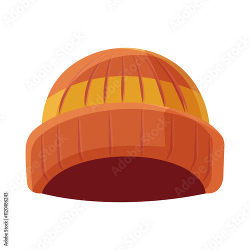 Cozy orange knitted hat with vibrant patterns, displayed on a white background. Concept of winter apparel. Vector illustration