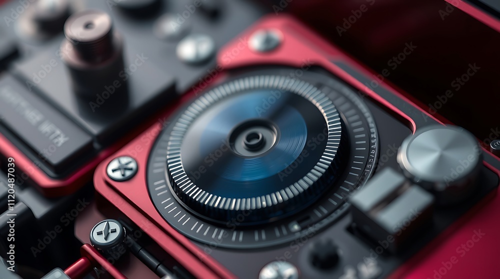 Precision Engineering: Close-up of a sophisticated, red and black dial with intricate details, showcasing precision engineering and high-tech design. Precision Engineering: Close-up of a sophisticated, red and black dial with intricate details, showcasing precision engineering and high-tech design.